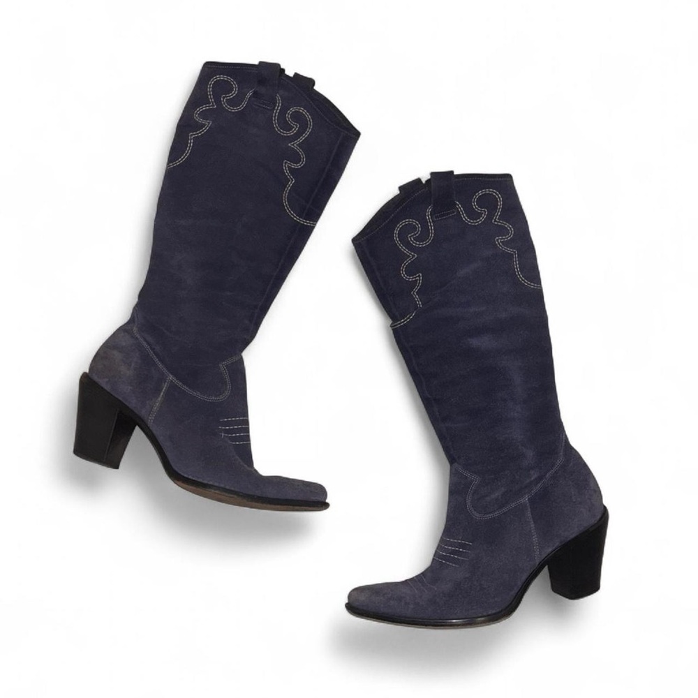 Y2K Via Spiga Suede Leather Navy Blue Western Cowboy Heeled Boots